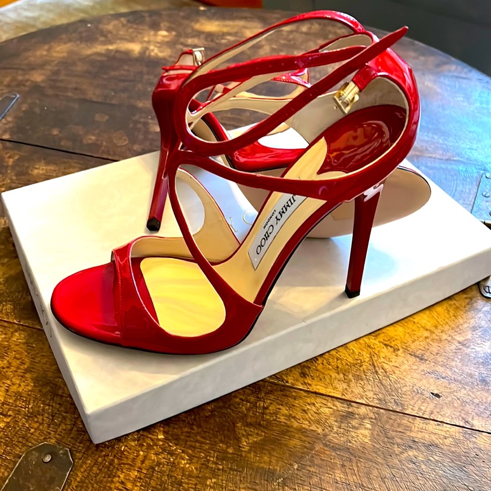 Jimmy Choo red 5 inch stilletos sandals
